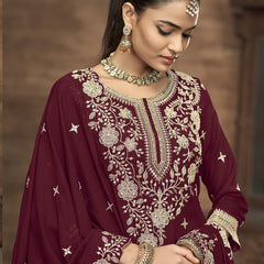 Maroon Vichitra Silk Embroidered Lehenga Style Suit