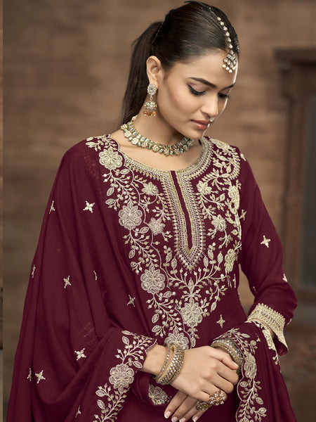 Maroon Vichitra Silk Embroidered Lehenga Style Suit