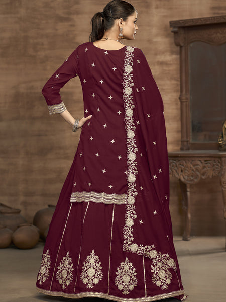 Maroon Vichitra Silk Embroidered Lehenga Style Suit