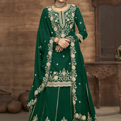 Green Vichitra Silk Embroidered Lehenga Style Suit