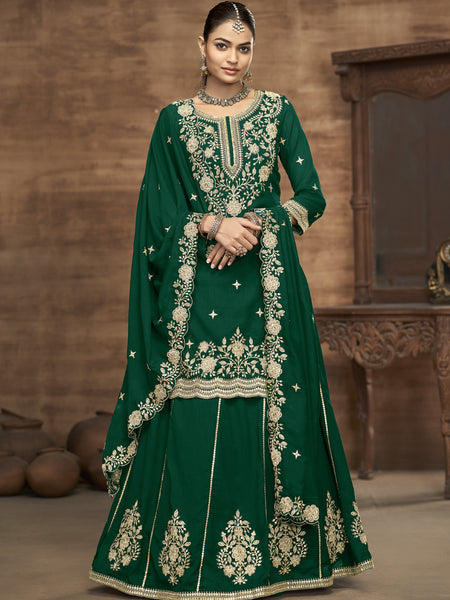 Green Vichitra Silk Embroidered Lehenga Style Suit