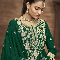 Green Vichitra Silk Embroidered Lehenga Style Suit