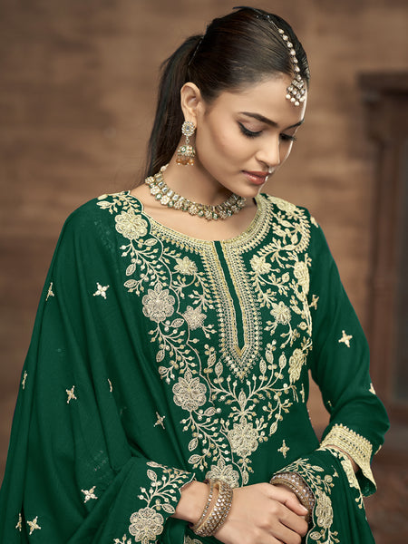 Green Vichitra Silk Embroidered Lehenga Style Suit