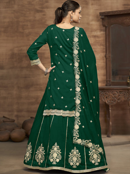 Green Vichitra Silk Embroidered Lehenga Style Suit