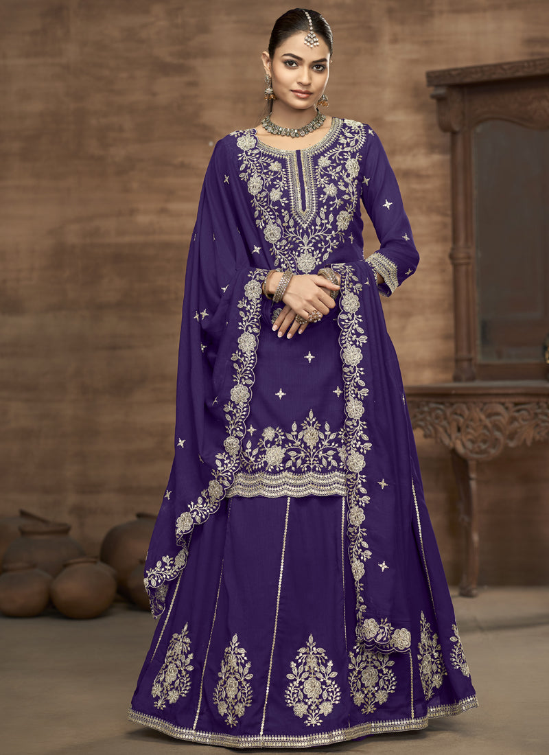Violet Vichitra Silk Embroidered Lehenga Style Suit