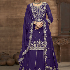Violet Vichitra Silk Embroidered Lehenga Style Suit