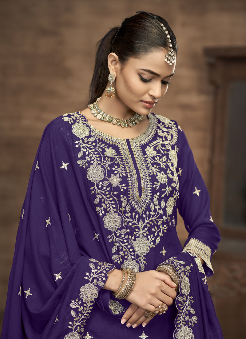 Violet Vichitra Silk Embroidered Lehenga Style Suit