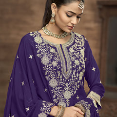 Violet Vichitra Silk Embroidered Lehenga Style Suit