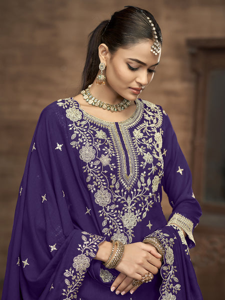 Violet Vichitra Silk Embroidered Lehenga Style Suit