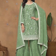 Light Green Chinon Silk Embroidered Palazzo Suit