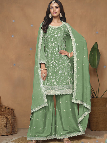 Light Green Chinon Silk Embroidered Palazzo Suit