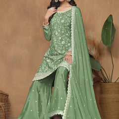 Light Green Chinon Silk Embroidered Palazzo Suit