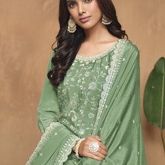 Light Green Chinon Silk Embroidered Palazzo Suit