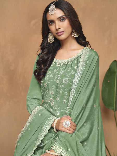 Light Green Chinon Silk Embroidered Palazzo Suit
