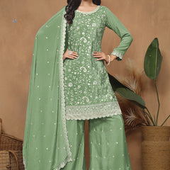 Light Green Chinon Silk Embroidered Palazzo Suit