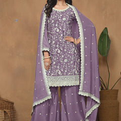 Lavender Chinon Silk Embroidered Palazzo Suit