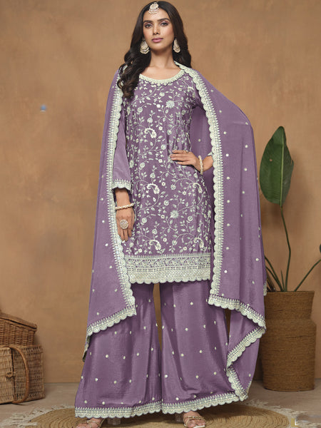 Lavender Chinon Silk Embroidered Palazzo Suit