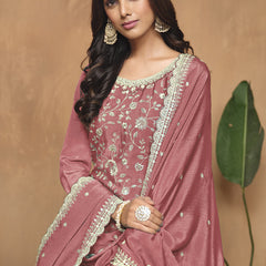 Peach Chinon Silk Embroidered Palazzo Suit