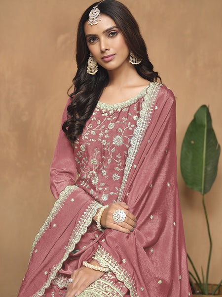 Peach Chinon Silk Embroidered Palazzo Suit