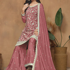 Peach Chinon Silk Embroidered Palazzo Suit