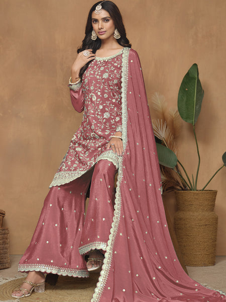 Peach Chinon Silk Embroidered Palazzo Suit