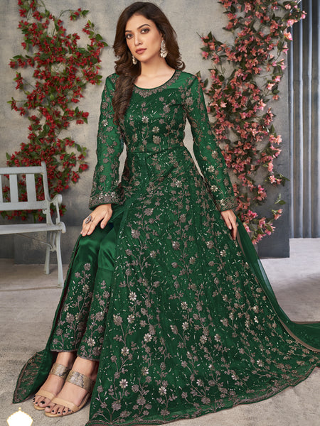 Green Net Embroidered Anarkali Suit