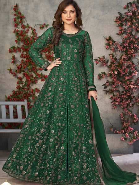 Green Net Embroidered Anarkali Suit