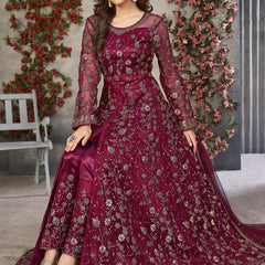 Wine Net Embroidered Anarkali Suit