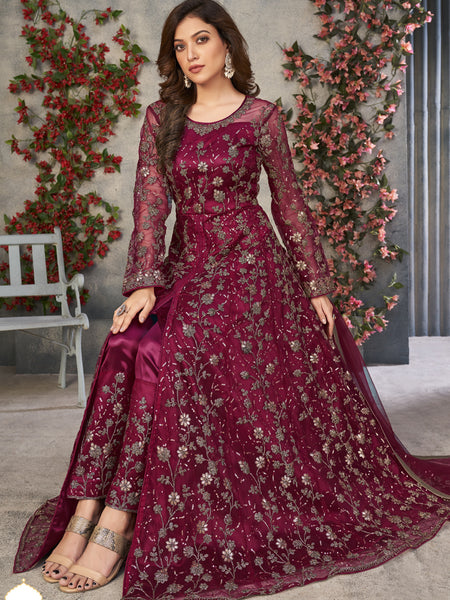 Wine Net Embroidered Anarkali Suit