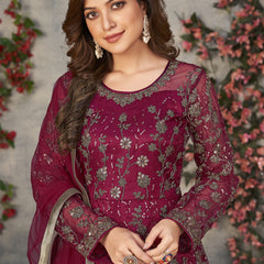 Wine Net Embroidered Anarkali Suit
