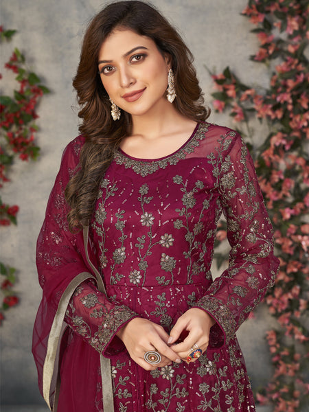 Wine Net Embroidered Anarkali Suit