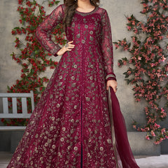 Wine Net Embroidered Anarkali Suit