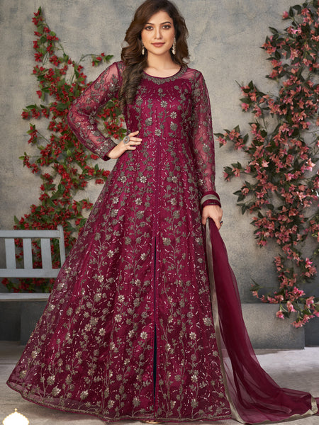 Wine Net Embroidered Anarkali Suit