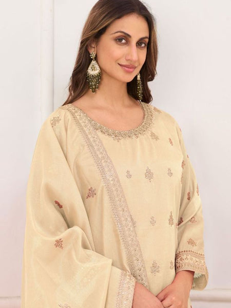 Cream Embroidery Real Simar Silk Salwar suit