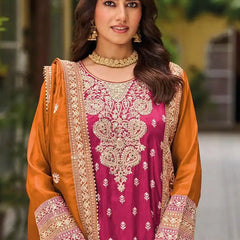 Pink Chinon Silk Embroidered Designer Palazzo Suit