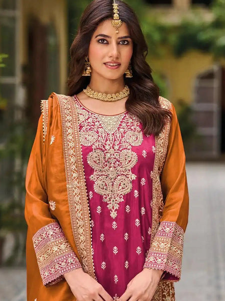 Pink Chinon Silk Embroidered Designer Palazzo Suit