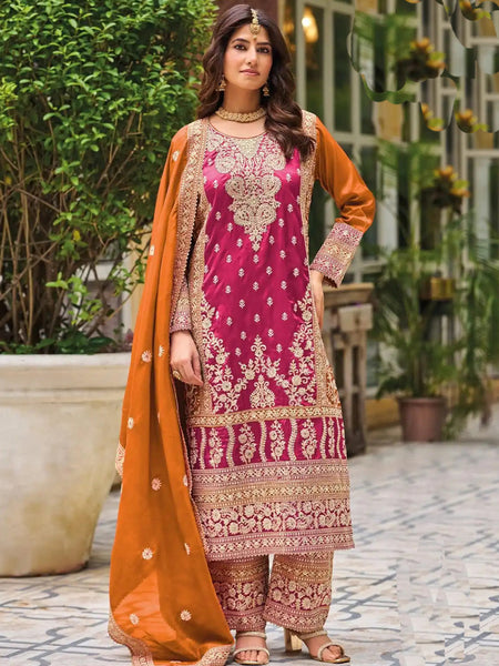 Pink Chinon Silk Embroidered Designer Palazzo Suit