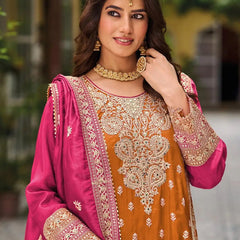 Orange Chinon Silk Embroidered Designer Palazzo Suit