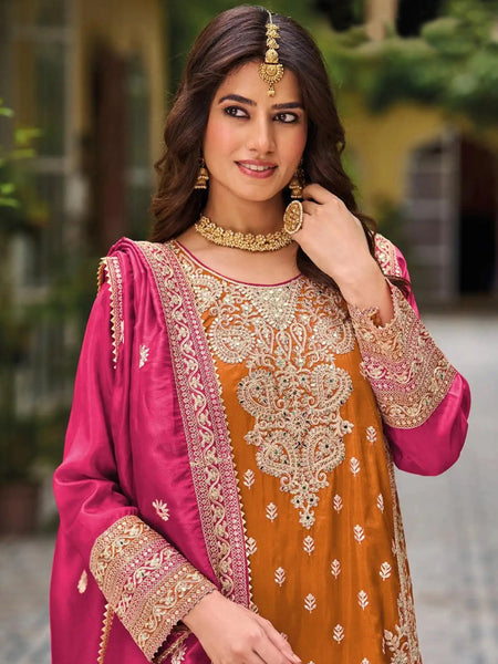 Orange Chinon Silk Embroidered Designer Palazzo Suit