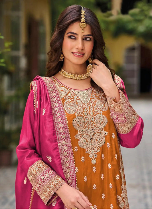 Orange Chinon Silk Embroidered Designer Palazzo Suit