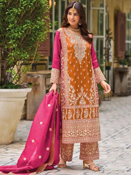 Orange Chinon Silk Embroidered Designer Palazzo Suit