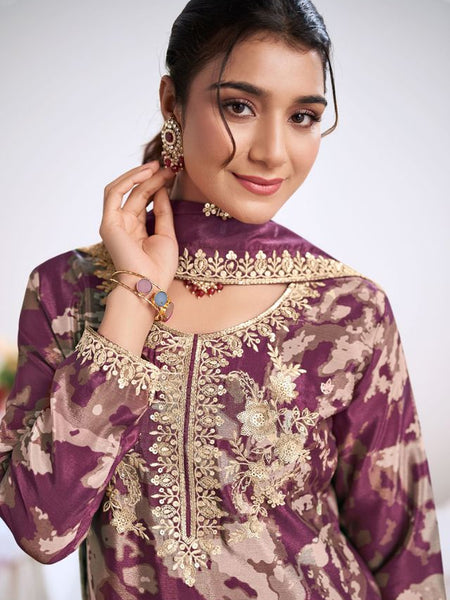 Light-Purple Embroidery Chinon Silk Salwar Suit
