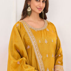 Dark-Yellow Embroidery Real Simar Silk Salwar suit