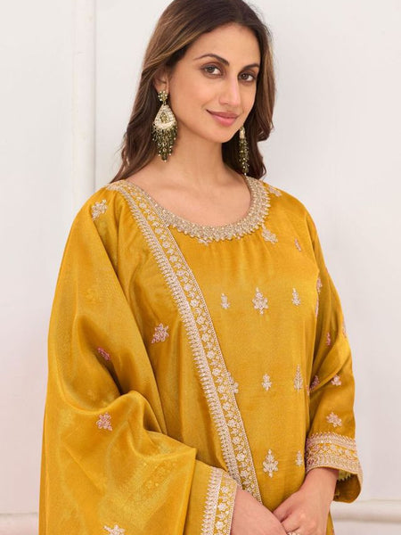 Dark-Yellow Embroidery Real Simar Silk Salwar suit