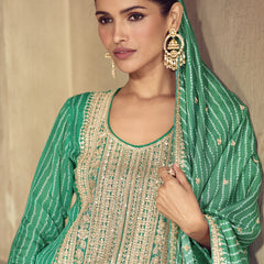 Bottle Green Chinon Silk Embroidered Designer Sharara Suit