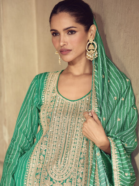 Bottle Green Chinon Silk Embroidered Designer Sharara Suit
