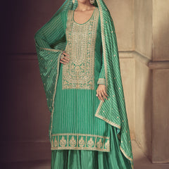 Bottle Green Chinon Silk Embroidered Designer Sharara Suit