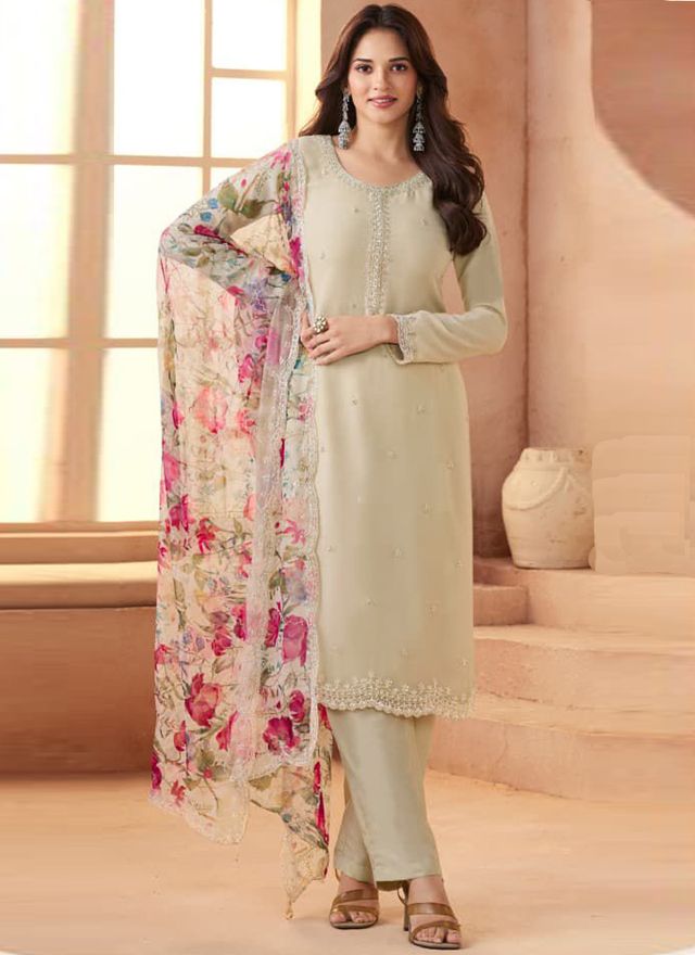 Cream Soft Siffon Salwar Suit