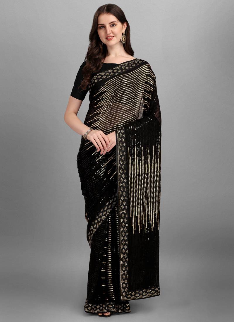 Black Golden Heavy Georgette Sequence Embroidery Saree