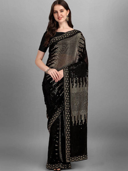 Black Golden Heavy Georgette Sequence Embroidery Saree